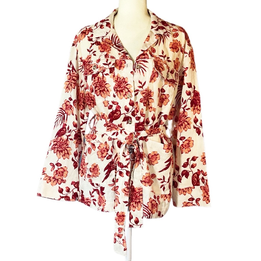 Rachel Zoe Linen Button Front Floral Print Belted Shacket Top Shirt Jacket